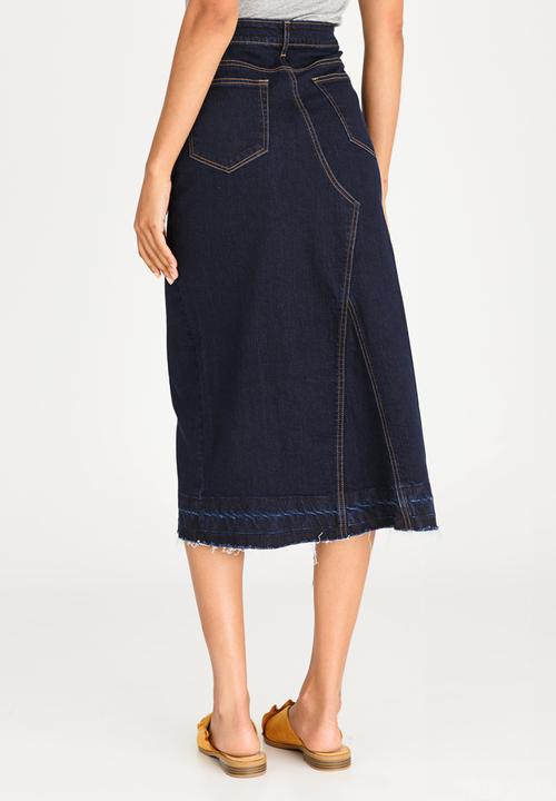 STYLE REPUBLIC - Maxi Denim Skirt with Front Slit Dark Blue