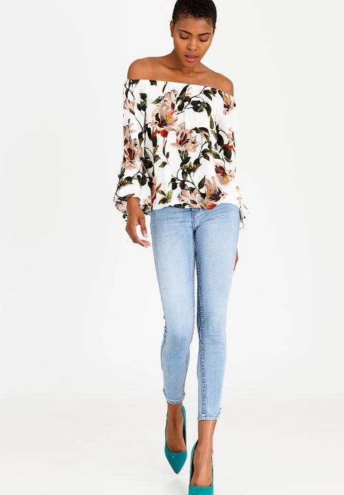 Revenge - Off Shoulder Floral Blouse with Fluted Sleeve White