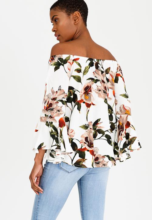 Revenge - Off Shoulder Floral Blouse with Fluted Sleeve White