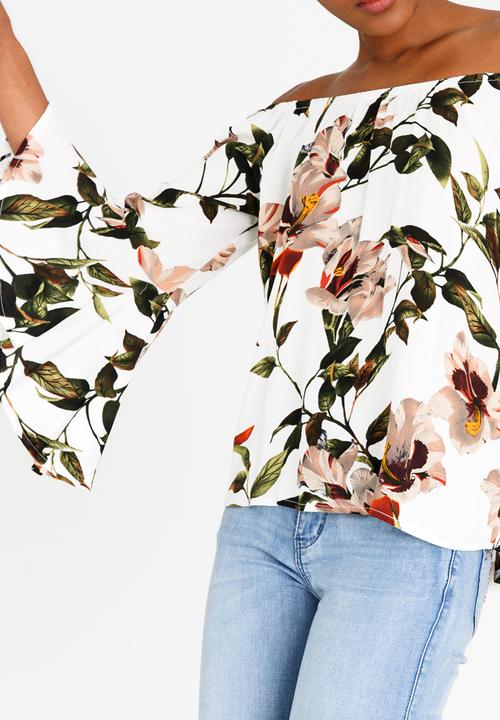 Revenge - Off Shoulder Floral Blouse with Fluted Sleeve White