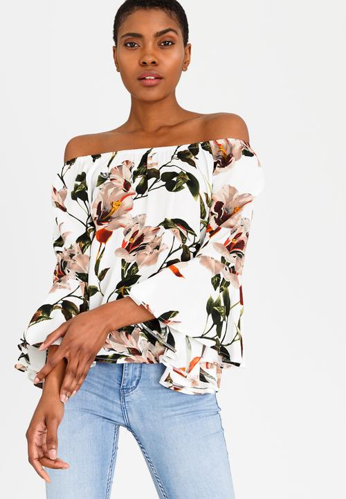 Revenge - Off Shoulder Floral Blouse with Fluted Sleeve White