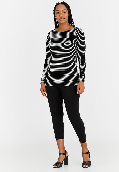 Cherry Melon - Boat-Neck Top with Long Sleeves Black and White