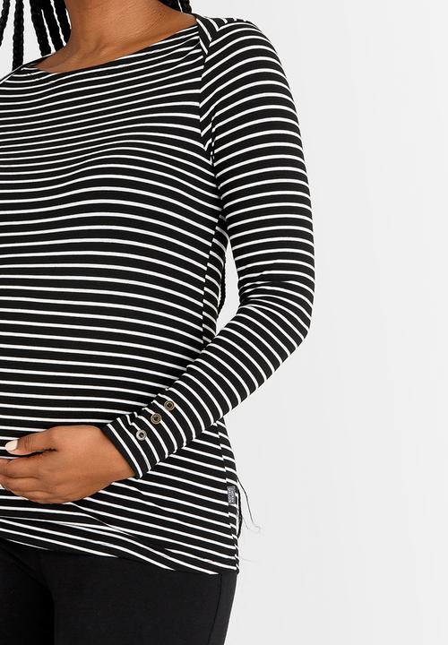 Cherry Melon - Boat-Neck Top with Long Sleeves Black and White