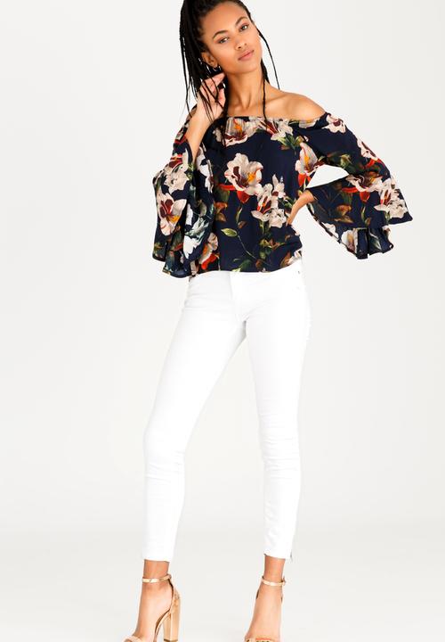 Revenge - Off Shoulder Floral Blouse with Fluted Sleeve Navy