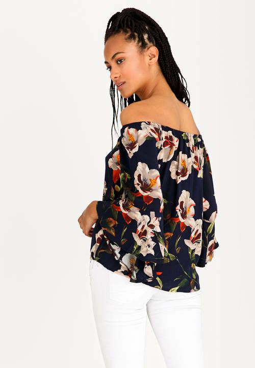 Revenge - Off Shoulder Floral Blouse with Fluted Sleeve Navy