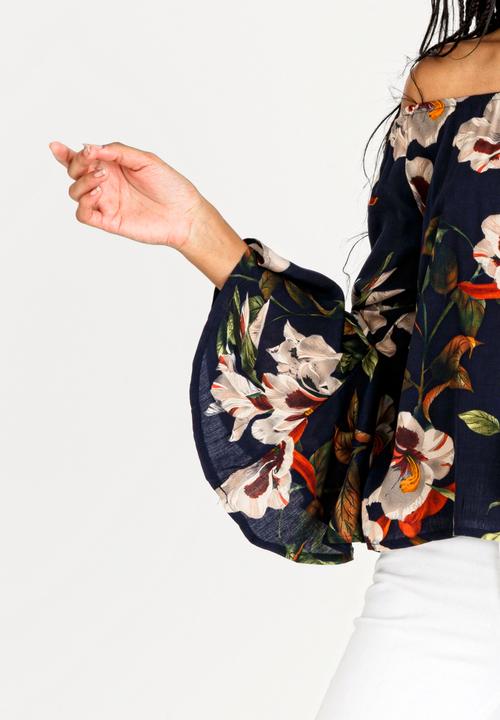 Revenge - Off Shoulder Floral Blouse with Fluted Sleeve Navy