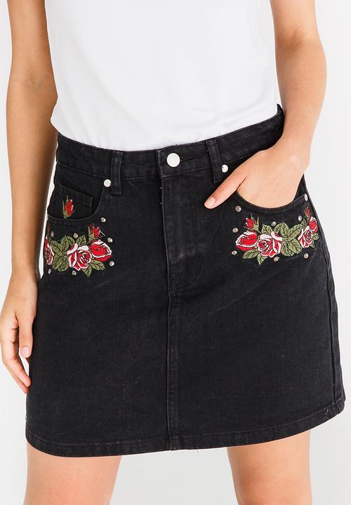 Brave Soul - Embroidered Denim Skirt Black