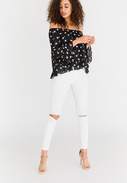 Brave Soul - Star Print Off Shoulder Top Black and White