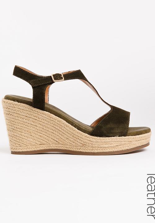 Suede Ankle Strap T-Bar Wedges Khaki 