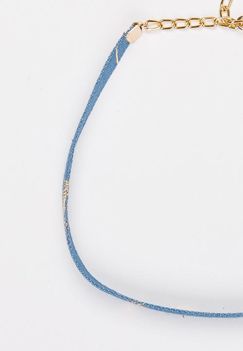 Jewels and Lace - Foil Leaf Denim Choker Multi-colour
