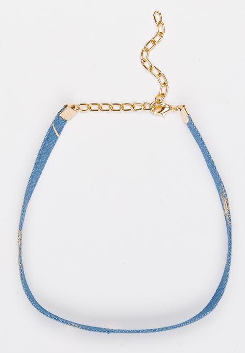 Jewels and Lace - Foil Leaf Denim Choker Multi-colour