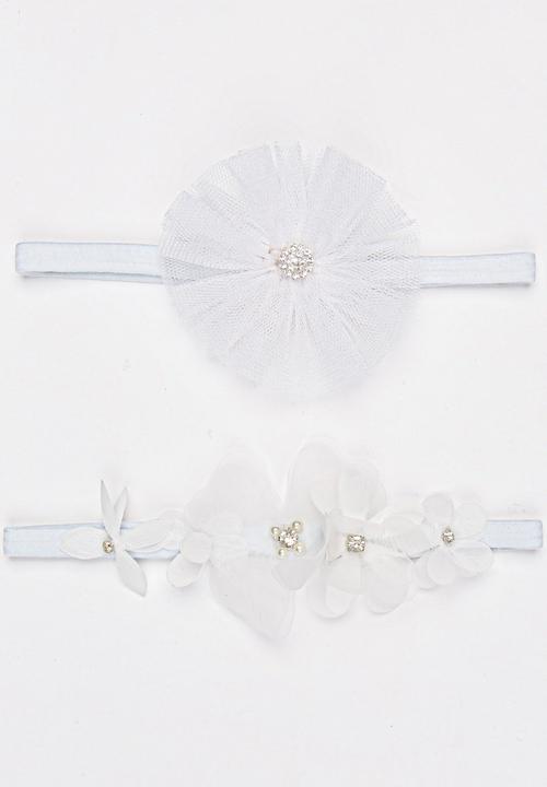 Jewels and Lace - Twin Pack Floral Rhinestone Headbands White