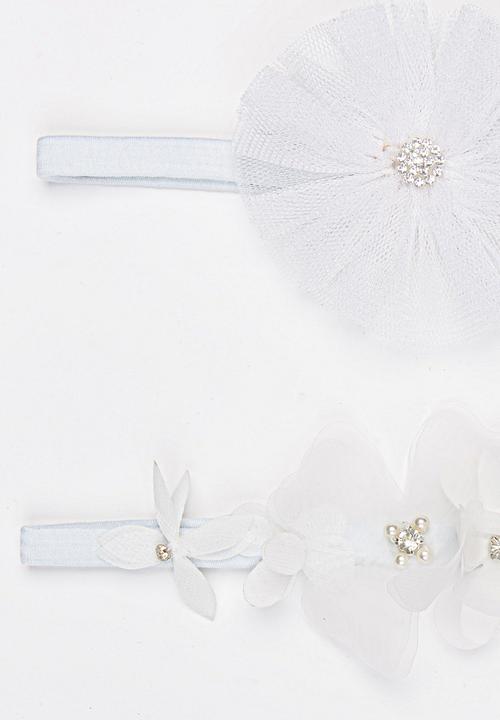 Jewels and Lace - Twin Pack Floral Rhinestone Headbands White