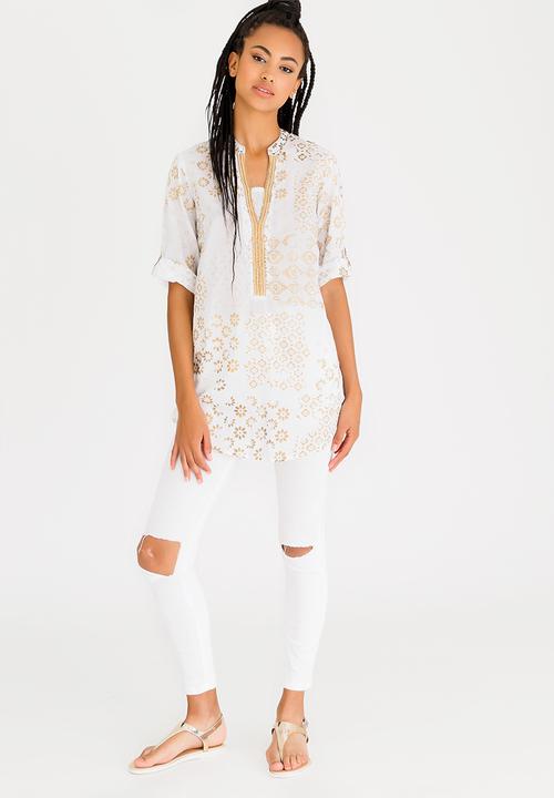 G Couture - Foil Printed Top with Beaded Neckline Gold