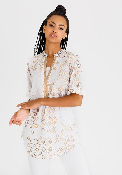 G Couture - Foil Printed Top with Beaded Neckline Gold