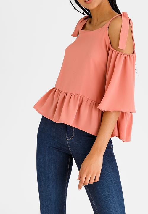 edit - Tiered Cold Shoulder Blouse Mid Pink