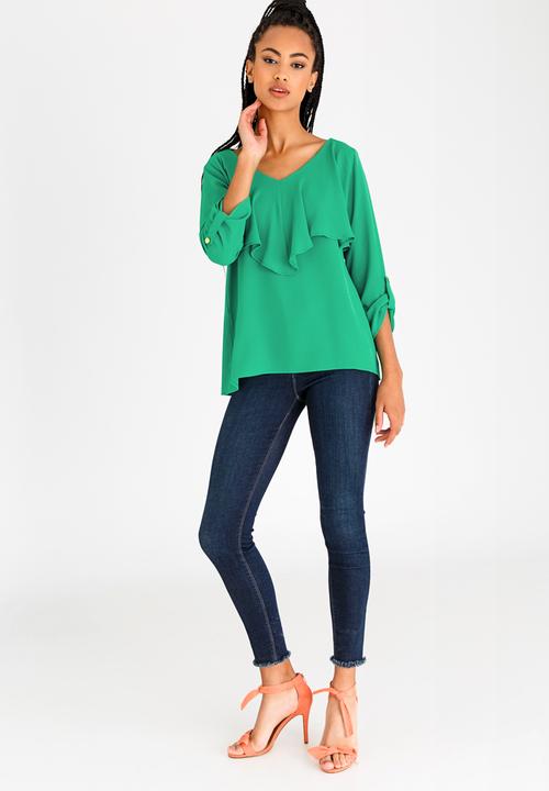 edit - 3/4 Sleeve Blouse with Frills Green