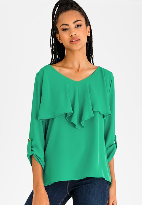 edit - 3/4 Sleeve Blouse with Frills Green