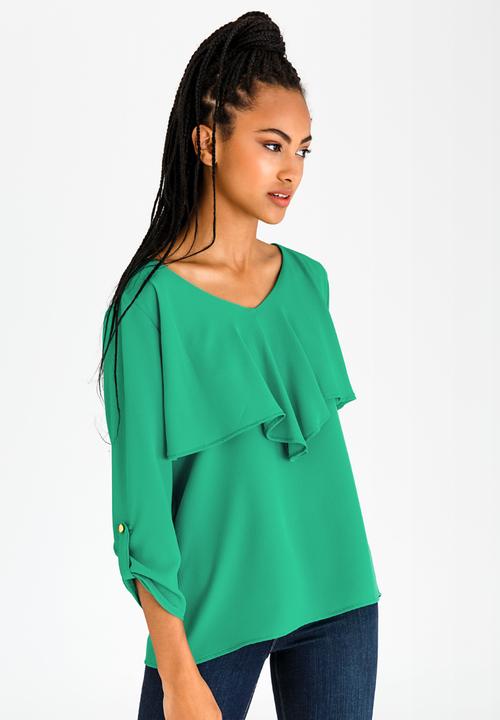 edit - 3/4 Sleeve Blouse with Frills Green