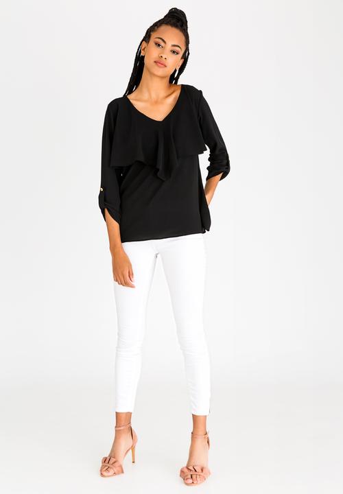 edit - 3/4 Sleeve Blouse with Frills Black
