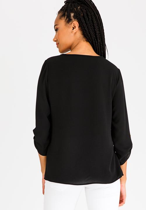 edit - 3/4 Sleeve Blouse with Frills Black