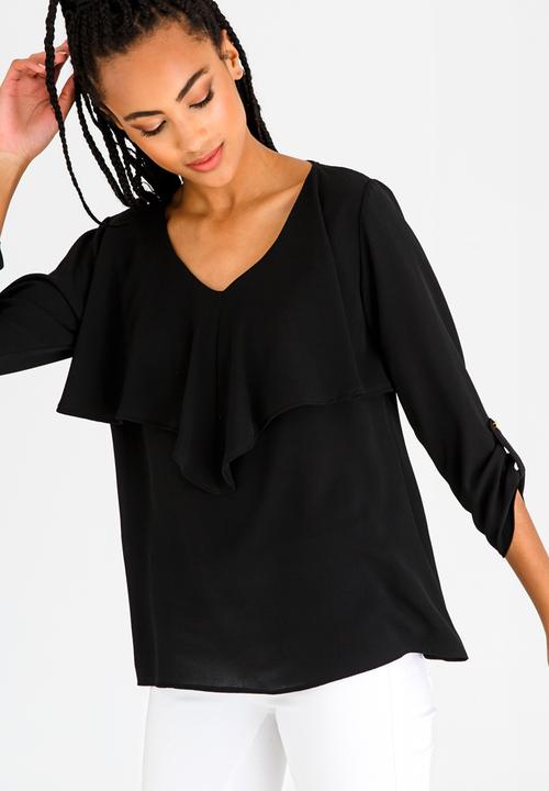 edit - 3/4 Sleeve Blouse with Frills Black