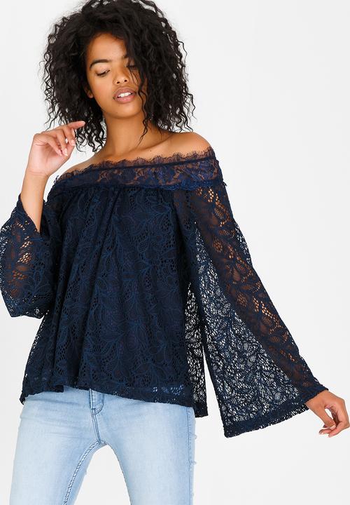 edit - Lace Bardot Blouse Navy