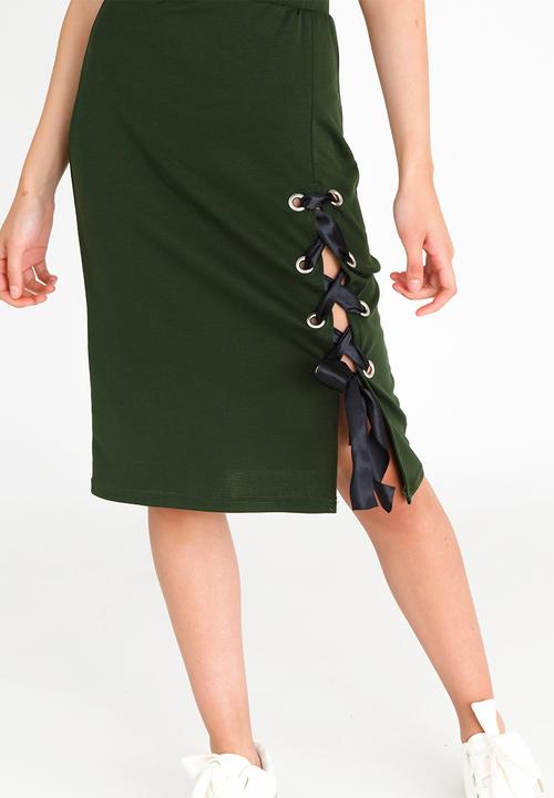 STYLE REPUBLIC - Lace-up Midi Skirt Dark Green