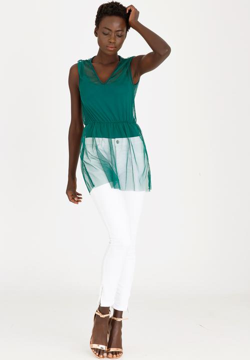 STYLE REPUBLIC - Mesh Overlay Bodysuit Dark Green