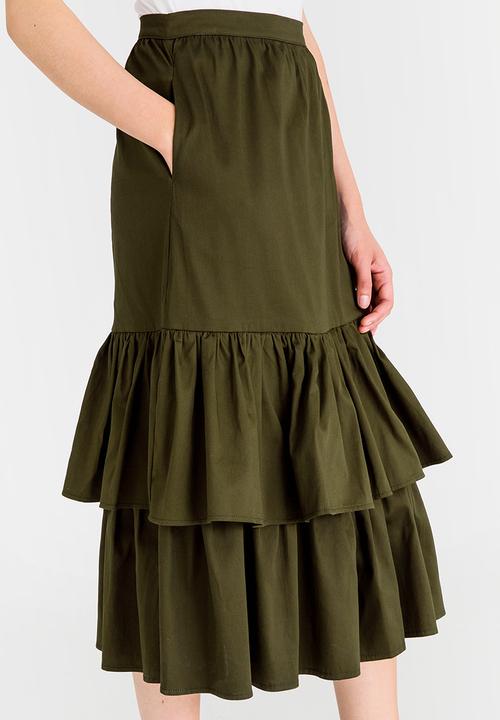 STYLE REPUBLIC - Frill Midi Skirt Dark Green