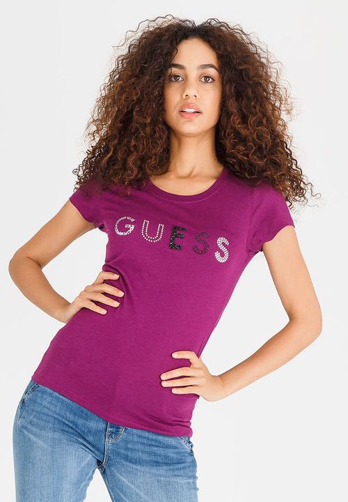 GUESS - Guess Mixed Embellishment Tee Dark Purple