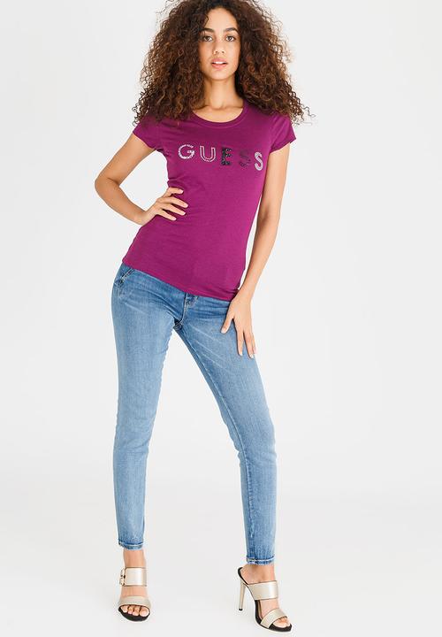 GUESS - Guess Mixed Embellishment Tee Dark Purple