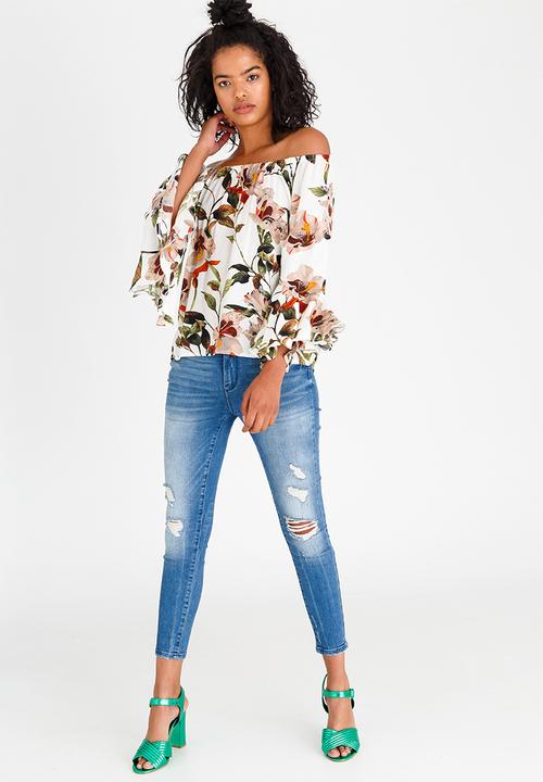 Revenge - Floral Print Off-the-shoulder Top White