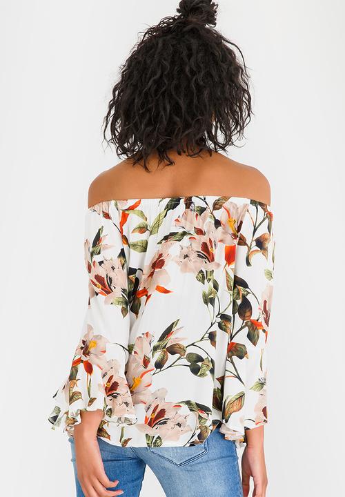 Revenge - Floral Print Off-the-shoulder Top White