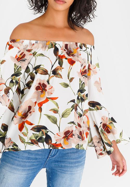 Revenge - Floral Print Off-the-shoulder Top White