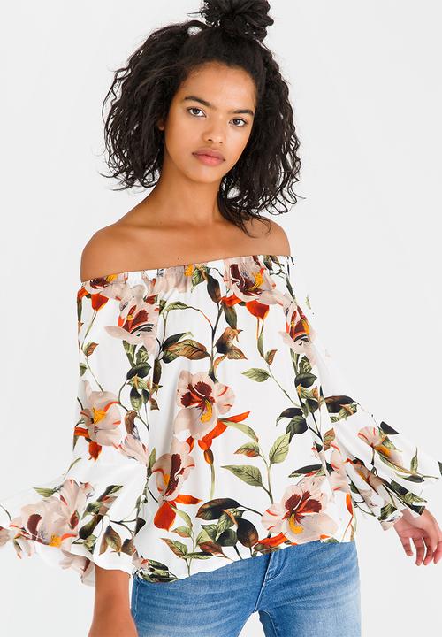 Revenge - Floral Print Off-the-shoulder Top White