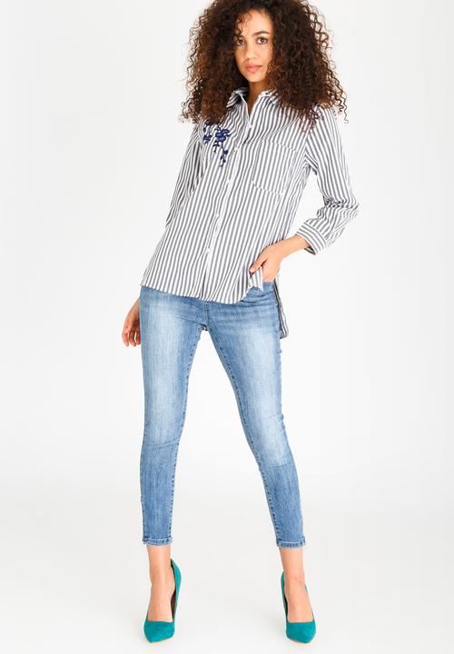 Revenge - Striped Shirt with Embroidery Detail Mid Grey