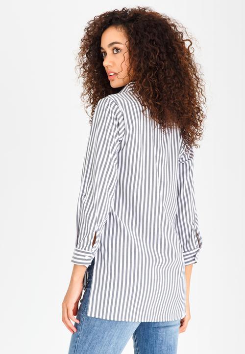Revenge - Striped Shirt with Embroidery Detail Mid Grey