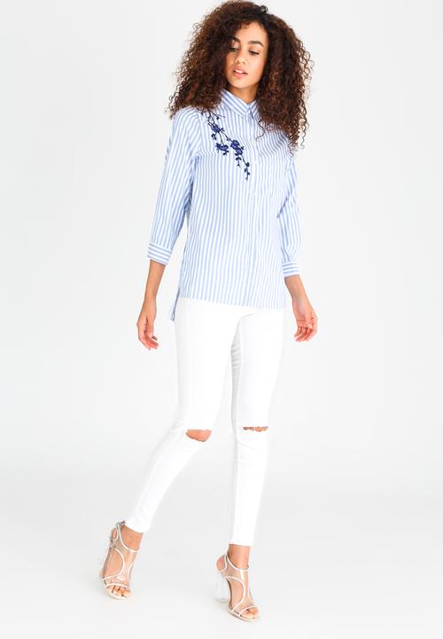 Revenge - Striped Shirt with Embroidery Detail Blue and White