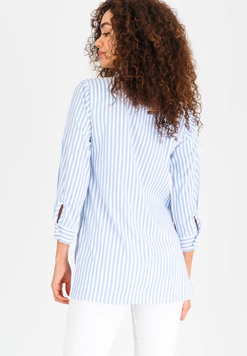 Revenge - Striped Shirt with Embroidery Detail Blue and White