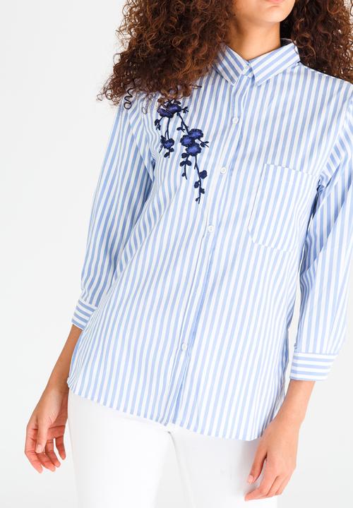 Revenge - Striped Shirt with Embroidery Detail Blue and White