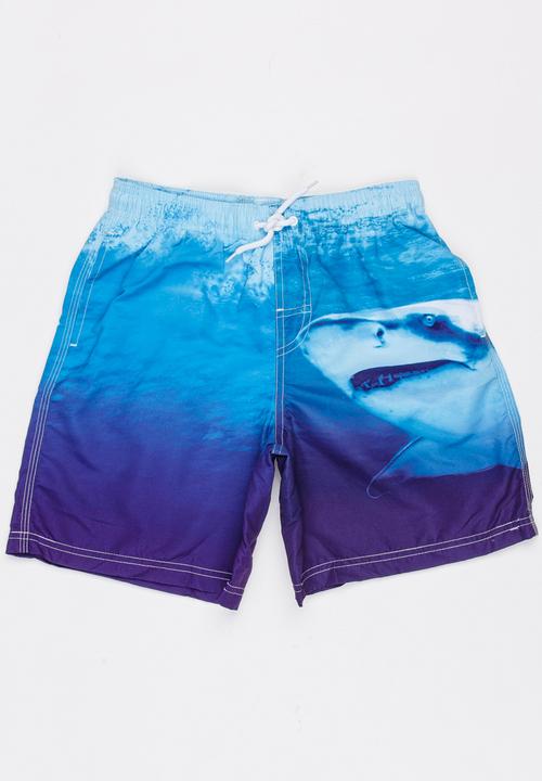 Pop Candy - Shark Print Swim Shorts Blue