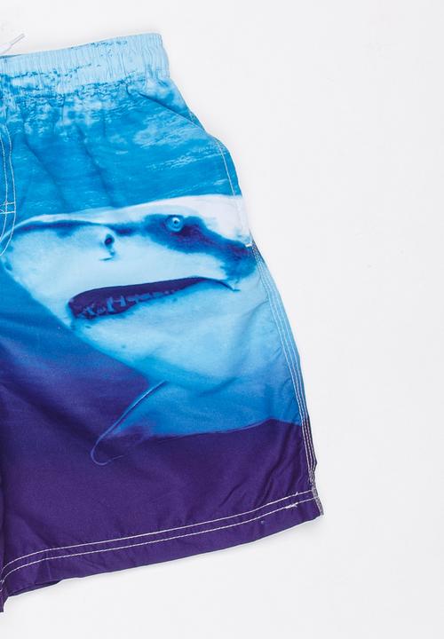 Pop Candy - Shark Print Swim Shorts Blue