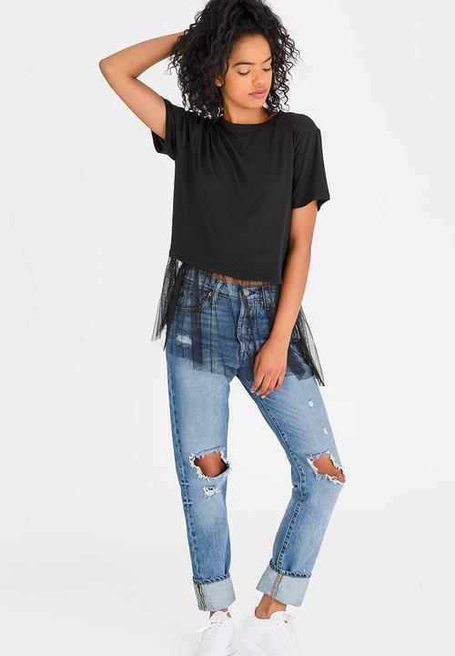 c(inch) - Asymmetrical Mesh Combo T-shirt Black