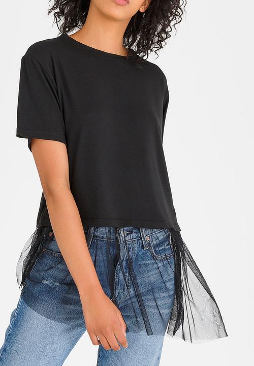 c(inch) - Asymmetrical Mesh Combo T-shirt Black
