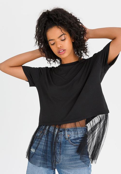 c(inch) - Asymmetrical Mesh Combo T-shirt Black