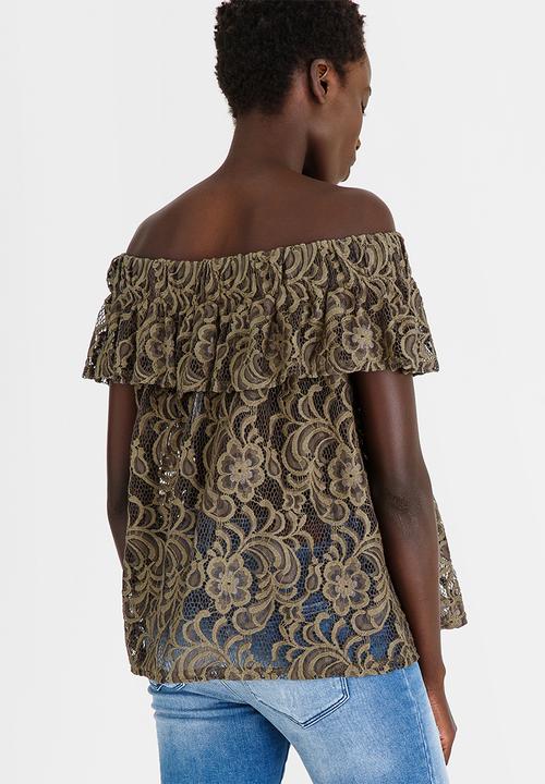 STYLE REPUBLIC - Lace Bardot Blouse Dark Green