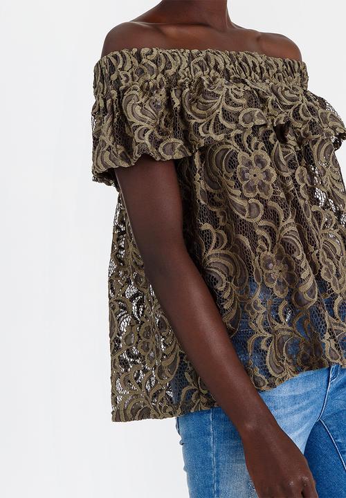 STYLE REPUBLIC - Lace Bardot Blouse Dark Green