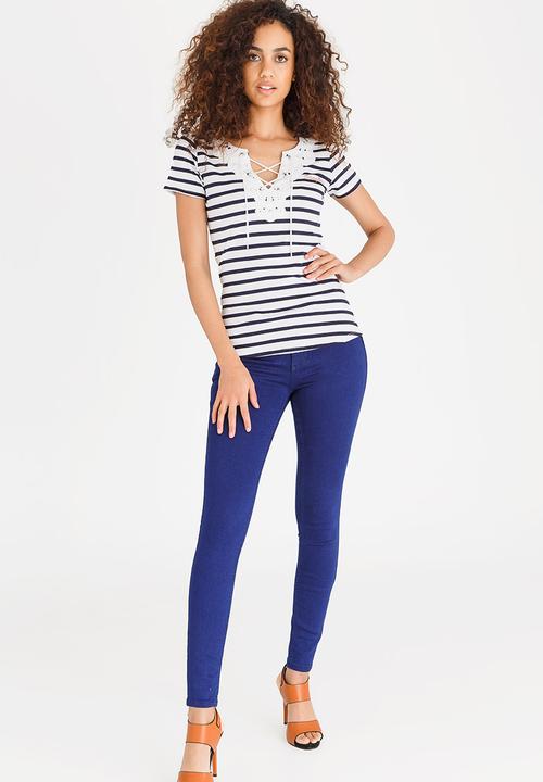 SISSY BOY - Demi One Up Tee with Lace Detail Navy & White