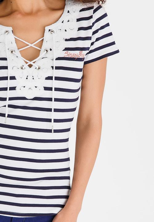 SISSY BOY - Demi One Up Tee with Lace Detail Navy & White